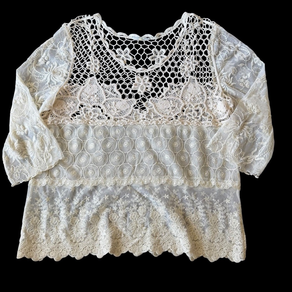 Boho Crochet Sheer Lace Top Blouse XL •Ivory Hippie Romantic Dainty Mixed Print